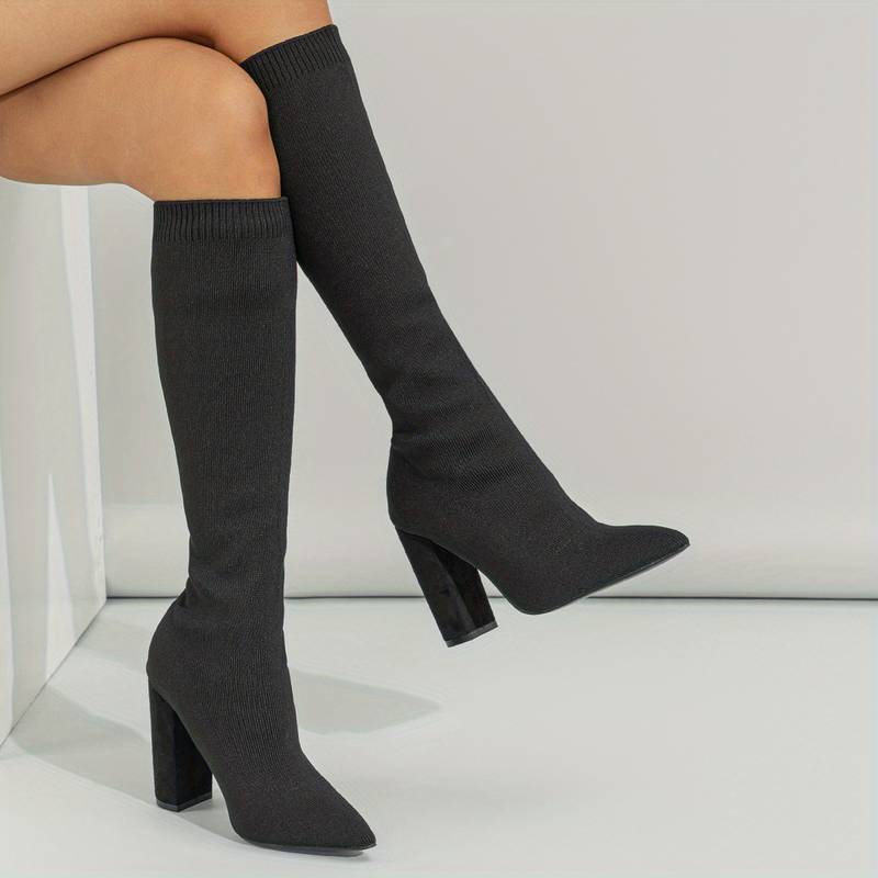 Women's Knee-High Sock Boots - Stylish Pointed Toe & Comfortable Block Heel Footwear