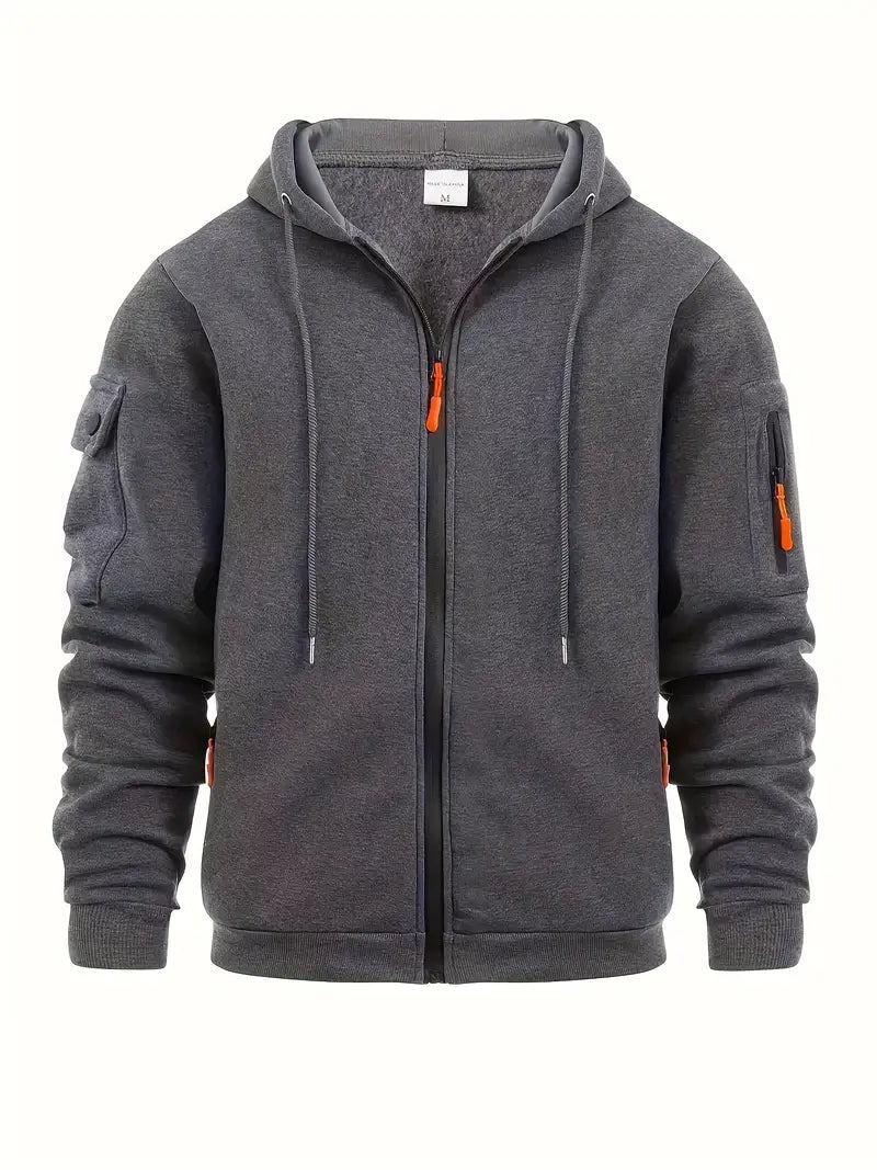 Men's Utility Zip-Up Hoodie with Drawstring Hood & Functional Pockets - Stylish & Versatile Outerwear