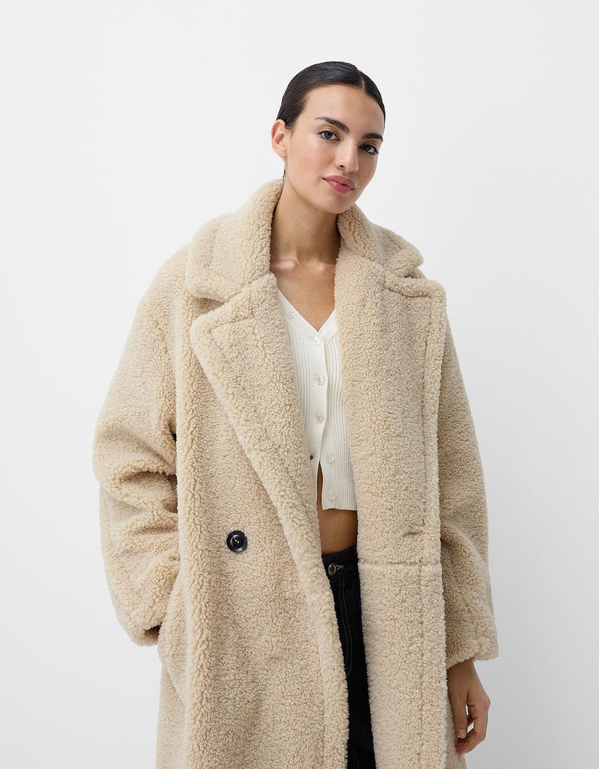 Cozy Women's Oversized Teddy Fur Winter Coat with Lapel Collar & Button Front - Perfect for Cold Weather