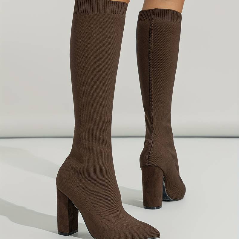 Women's Knee-High Sock Boots - Stylish Pointed Toe & Comfortable Block Heel Footwear