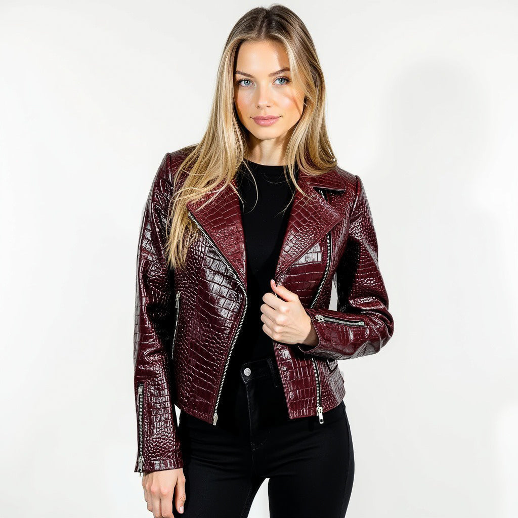 Athena Women's Full-Grain Leather Biker Jacket - Asymmetric Zipper, Slim Fit