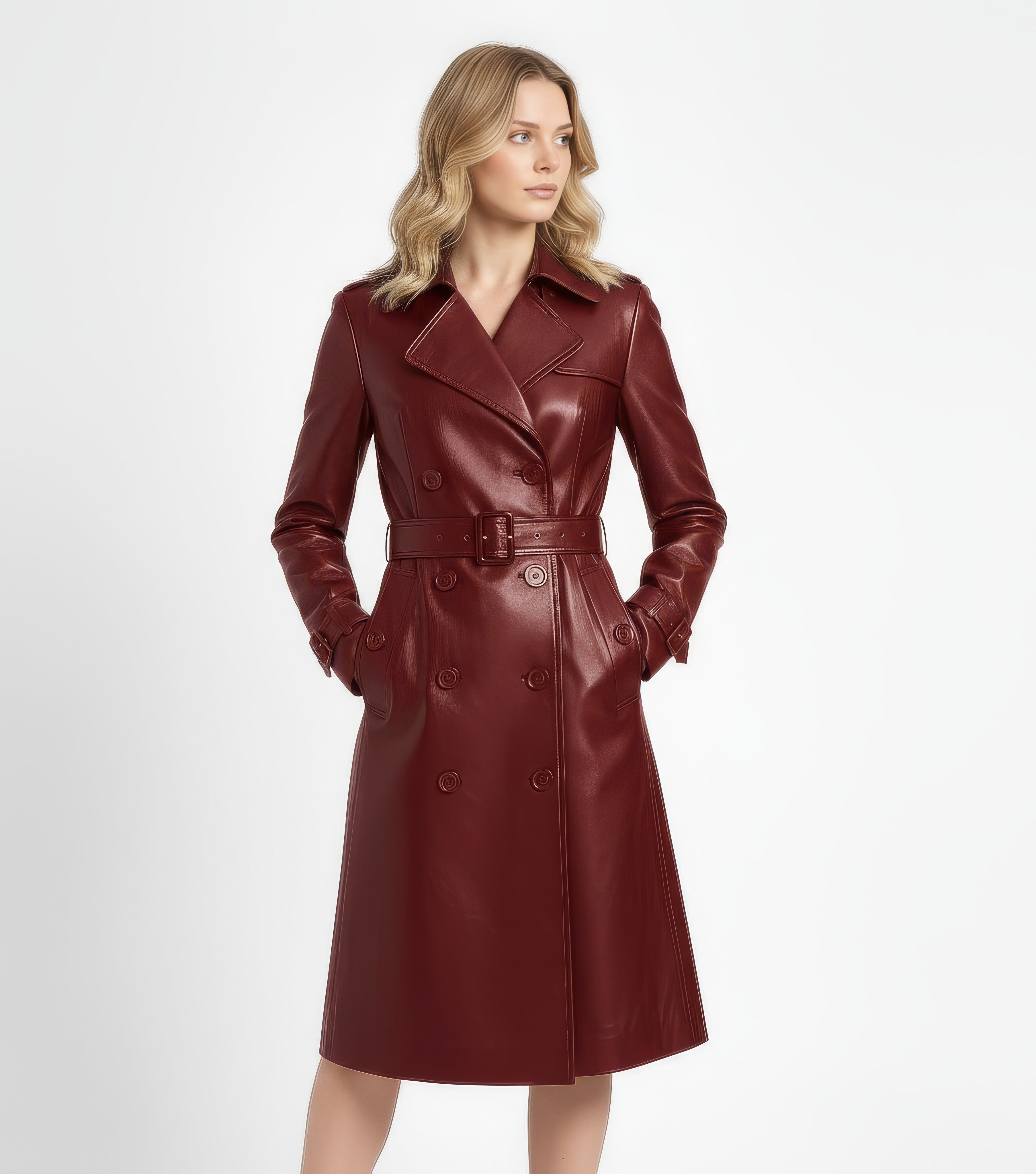 Artemis Women's Real Full-Grain Leather Double-Breasted Trench Coat with Belt