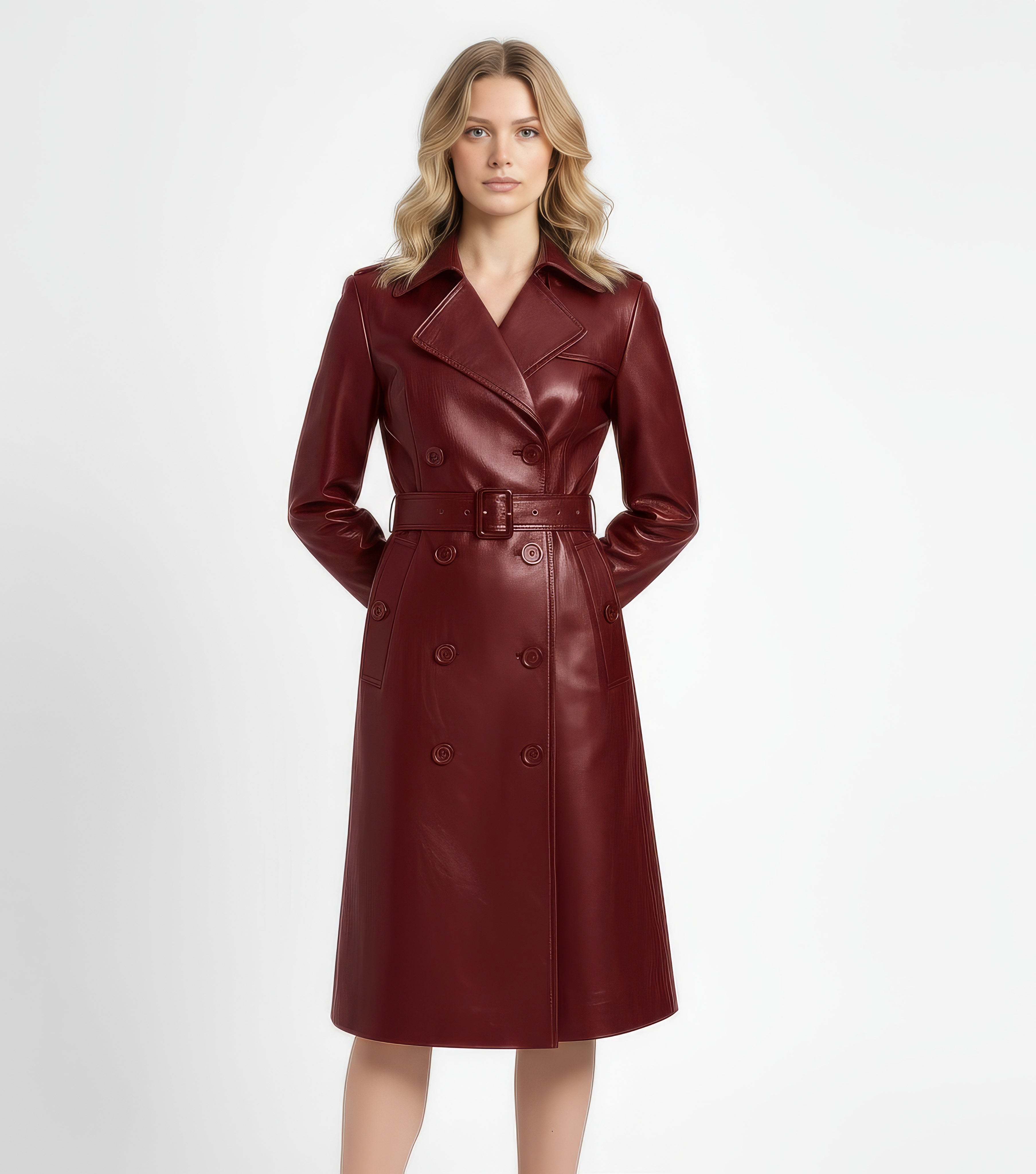 Artemis Women's Real Full-Grain Leather Double-Breasted Trench Coat with Belt