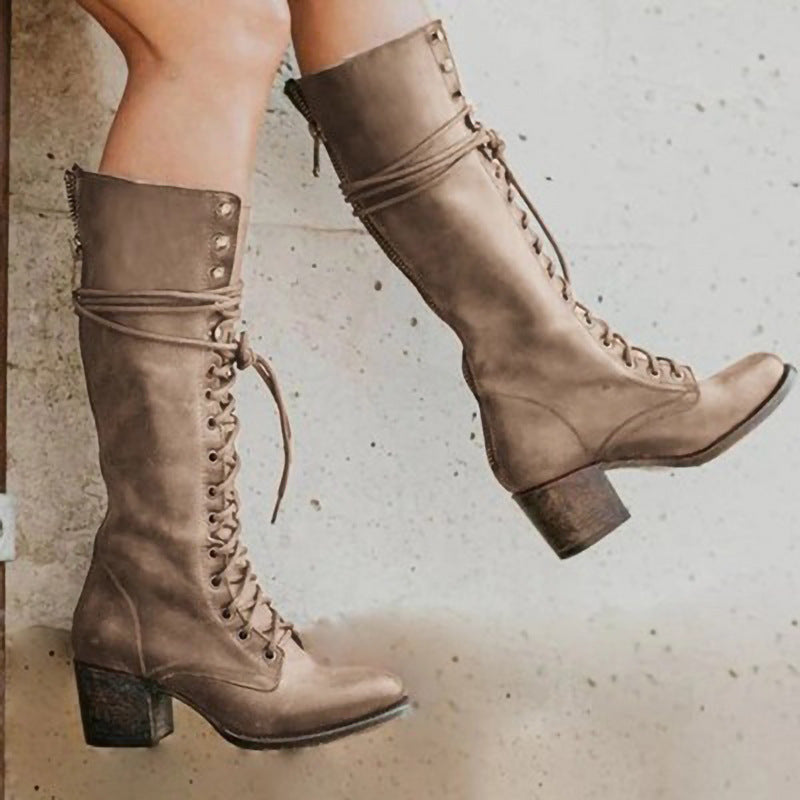 Stylish Women's Knee High Lace-Up Boots with Chunky Heel - Perfect for Fall Fashion