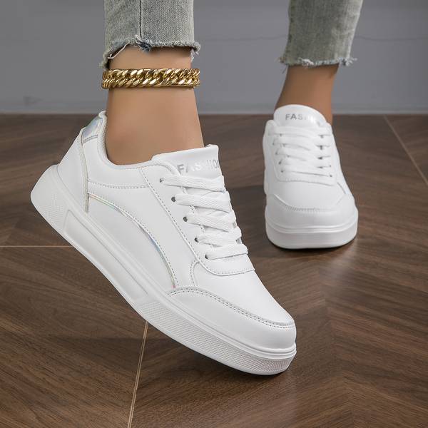 Women's White Orthopedic PU Leather Sneakers with Stylish Gold and Silver Accents - Comfortable & Supportive Footwear