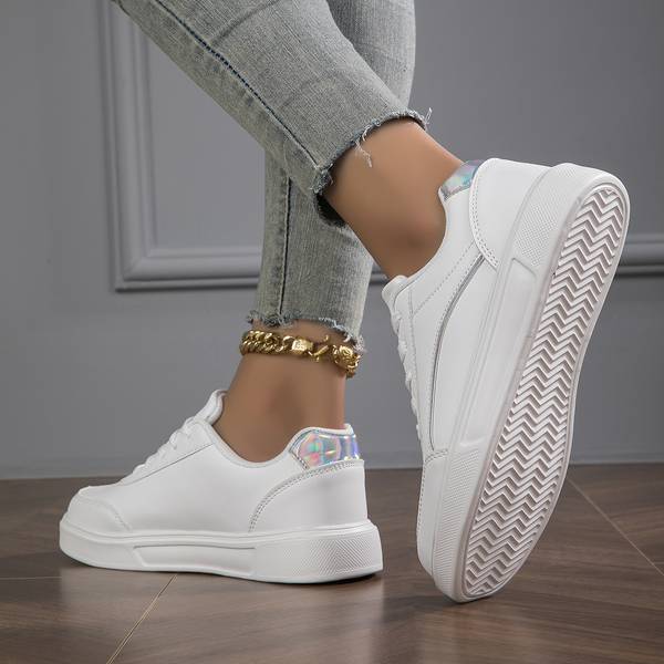 Women's White Orthopedic PU Leather Sneakers with Stylish Gold and Silver Accents - Comfortable & Supportive Footwear
