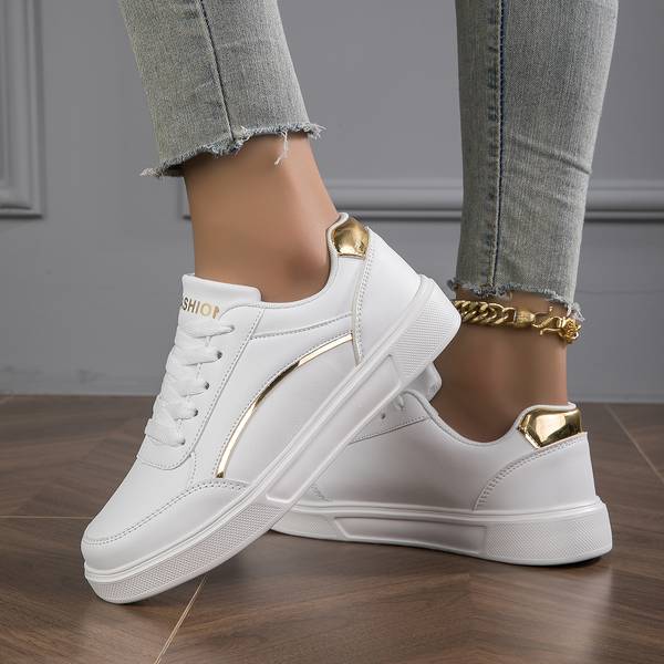 Women's White Orthopedic PU Leather Sneakers with Stylish Gold and Silver Accents - Comfortable & Supportive Footwear