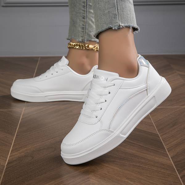 Women's White Orthopedic PU Leather Sneakers with Stylish Gold and Silver Accents - Comfortable & Supportive Footwear