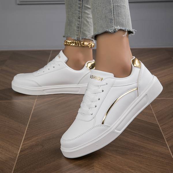 Women's White Orthopedic PU Leather Sneakers with Stylish Gold and Silver Accents - Comfortable & Supportive Footwear