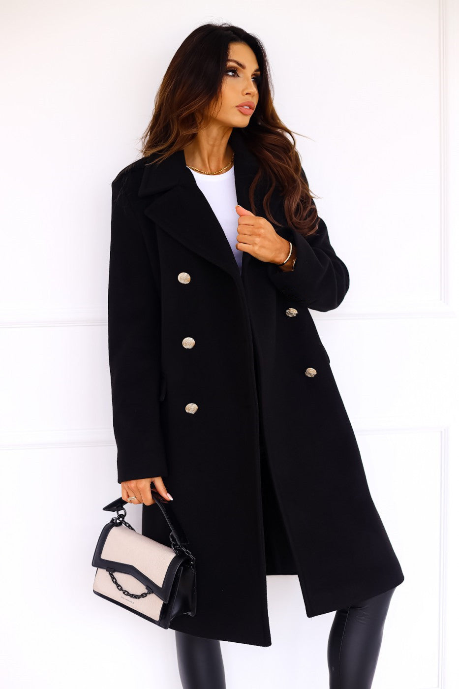 Chic Women's Double-Breasted Long Coat with Elegant Gold Button Accents - Stylish Outerwear for Every Occasion