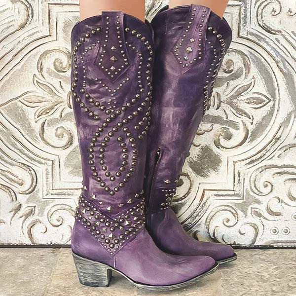 Stylish Women's Knee High Cowboy Boots with Rivet Detail, Chunky Thick Heel & Convenient Side Zip Closure