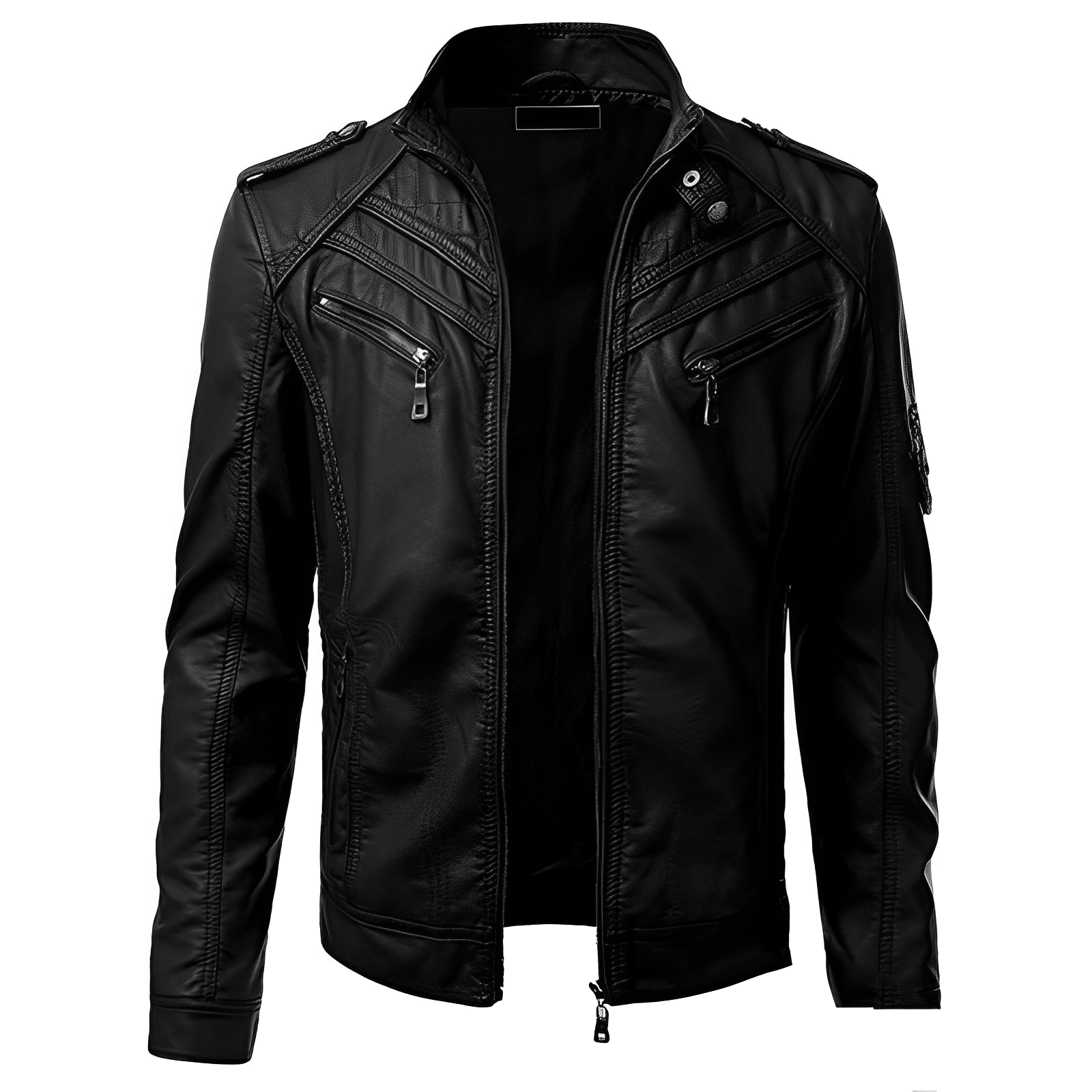Men's Slim Fit Leather Jacket with Zip Pockets & Stand Collar - Stylish & Durable Outerwear