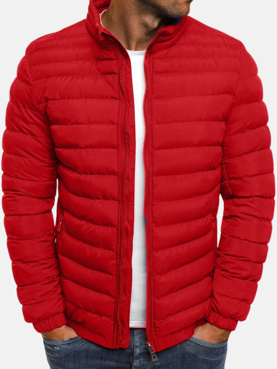 Men's Puffer Bomber Jacket - Zip Closure, Stand Collar & Cuffs - Stylish Winter Outerwear for Men