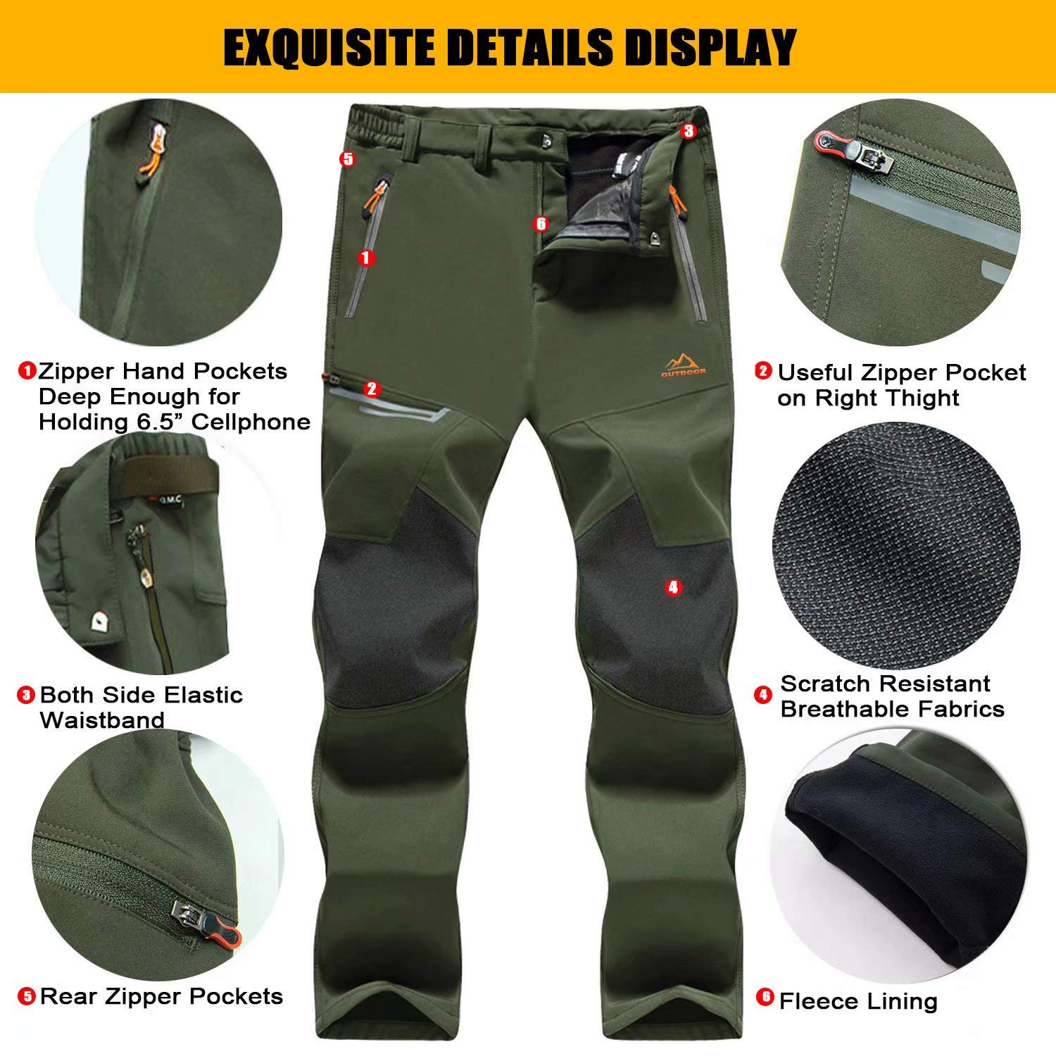 Men's Water-Resistant Fleece-Lined Ski Pants with 4 Zip Pockets - Ultimate Comfort & Warmth for Winter Sports