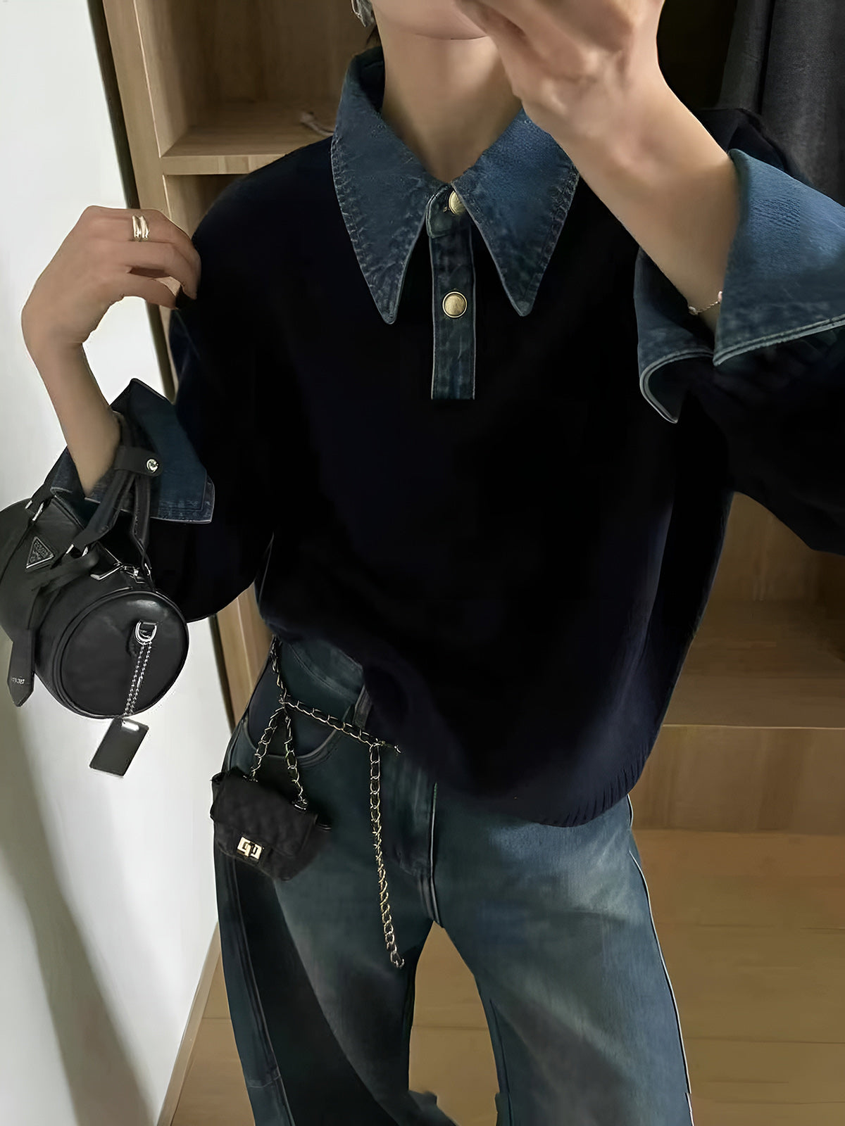 Chic 2-in-1 Panel Lapel Knit Pullover Sweater with Button Detail