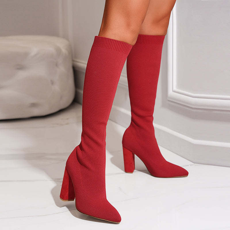 Women's Knee-High Sock Boots - Stylish Pointed Toe & Comfortable Block Heel Footwear