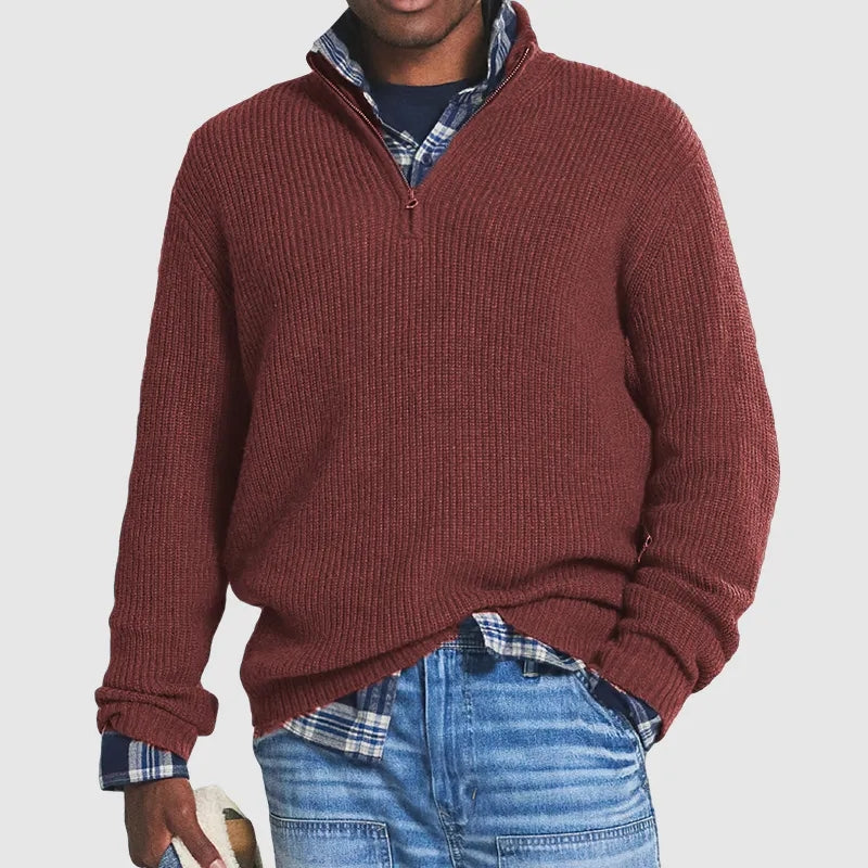 Men's Ribbed Knit Half-Zip Jumper - Stylish Stand Collar & Long Sleeves for Ultimate Comfort