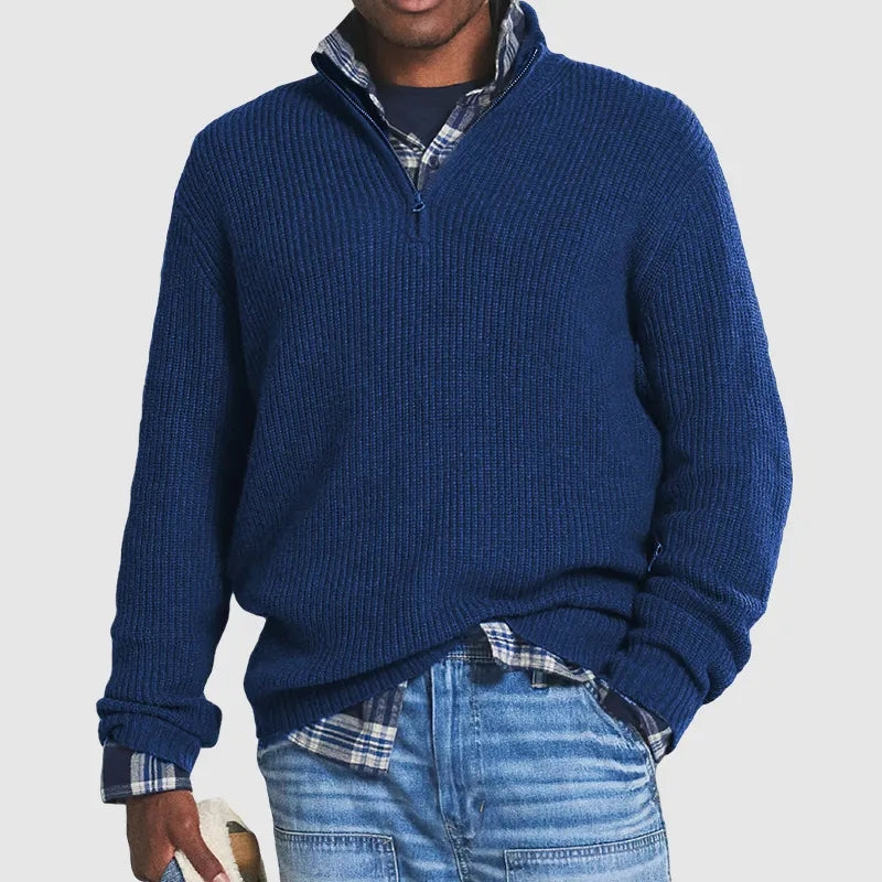 Men's Ribbed Knit Half-Zip Jumper - Stylish Stand Collar & Long Sleeves for Ultimate Comfort