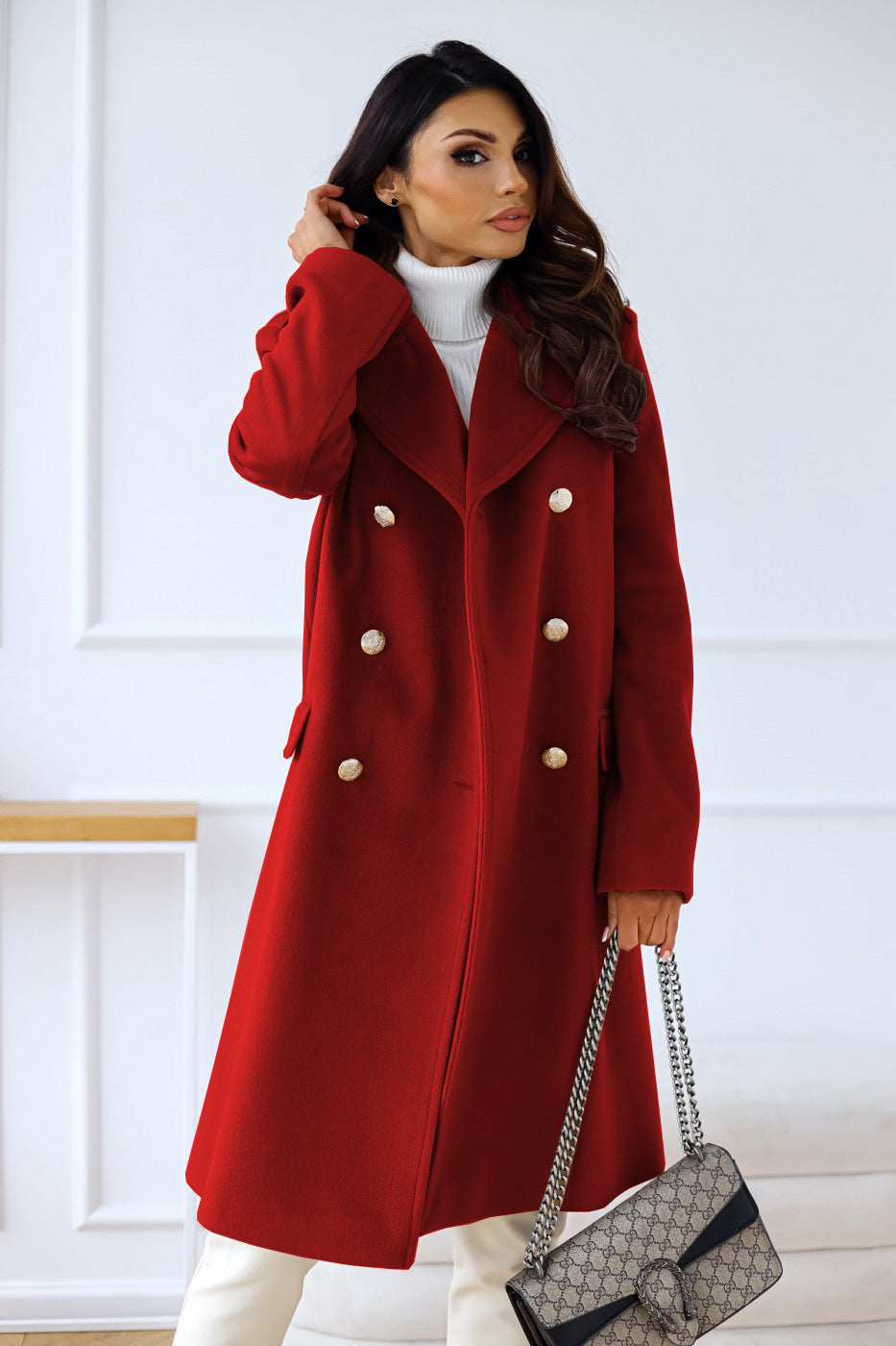 Chic Women's Double-Breasted Long Coat with Elegant Gold Button Accents - Stylish Outerwear for Every Occasion