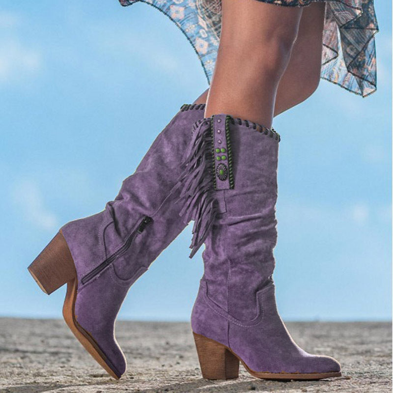 Stylish Women's Knee High Cowboy Boots with Fringe Detail & Comfortable Block Heel