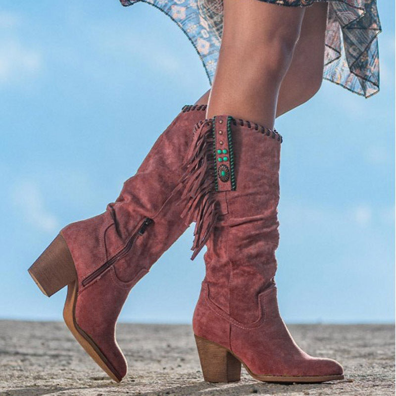 Stylish Women's Knee High Cowboy Boots with Fringe Detail & Comfortable Block Heel