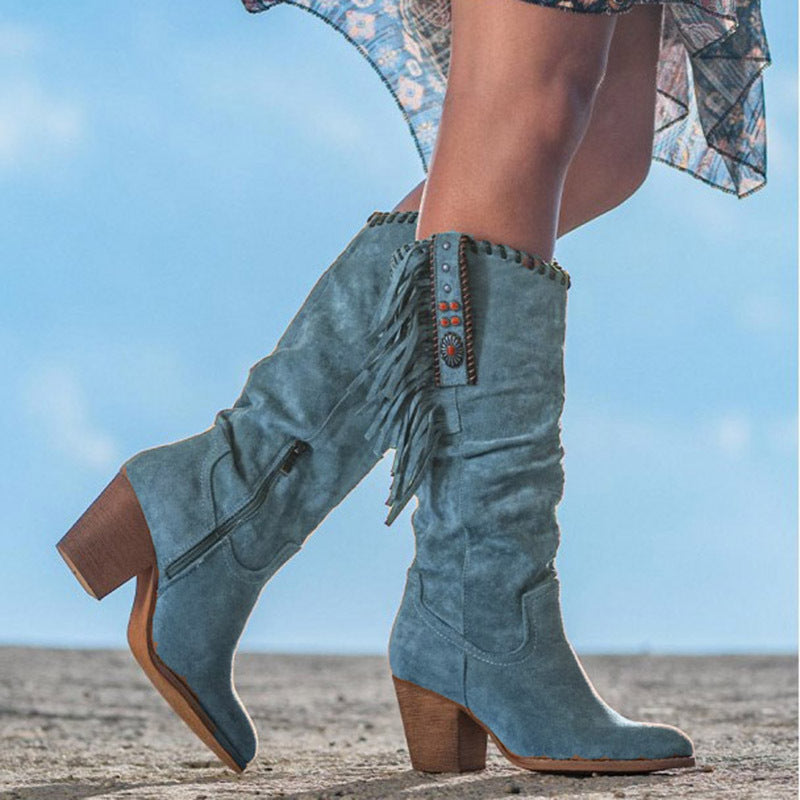 Stylish Women's Knee High Cowboy Boots with Fringe Detail & Comfortable Block Heel