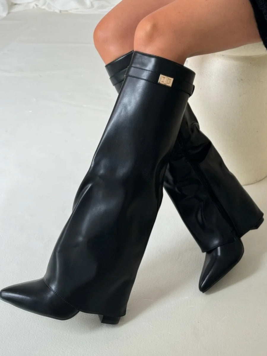 Stylish Women's Knee High Boots - Wide Flare Top & Comfortable Block Heel