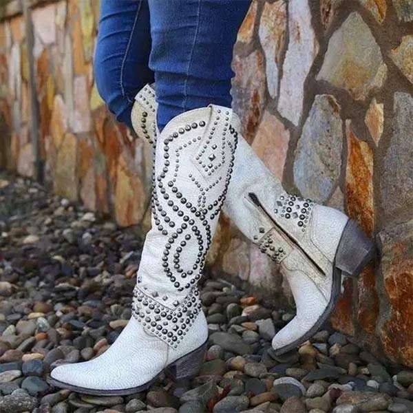 Stylish Women's Knee High Cowboy Boots with Rivet Detail, Chunky Thick Heel & Convenient Side Zip Closure