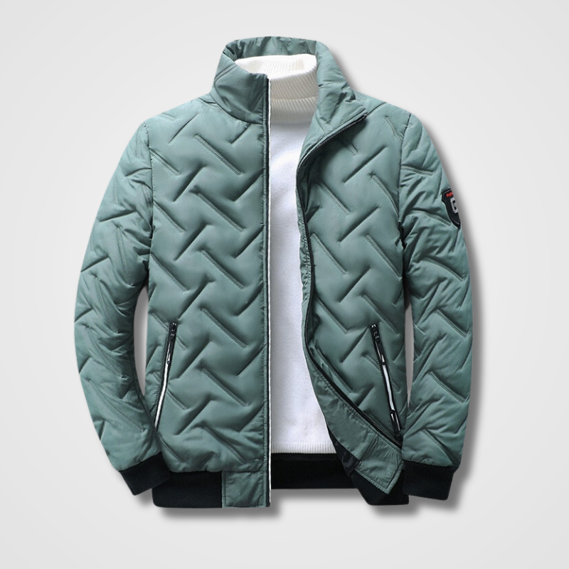 Men's High Collar Quilted Bomber Jacket with Zip Pockets - Stylish & Warm Outerwear for Fall/Winter
