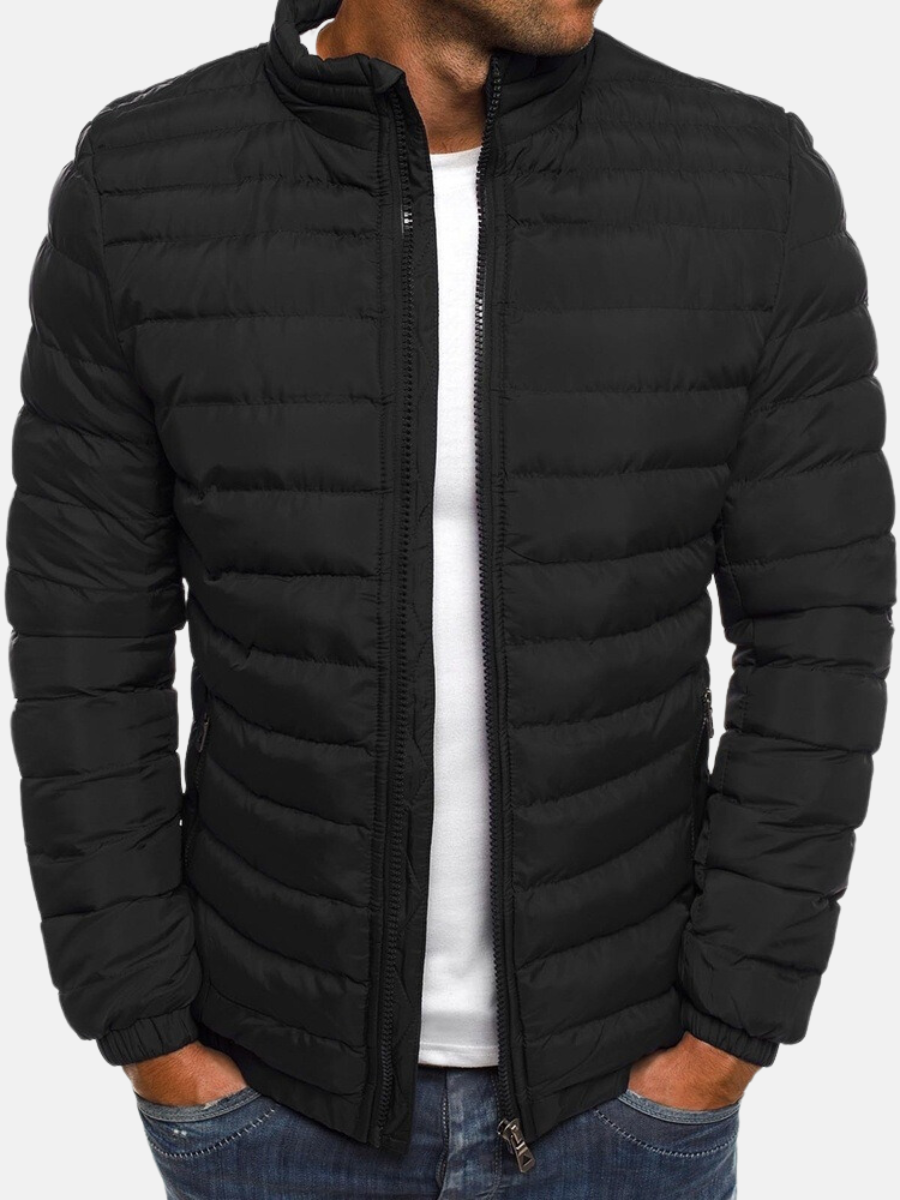 Men's Puffer Bomber Jacket - Zip Closure, Stand Collar & Cuffs - Stylish Winter Outerwear for Men