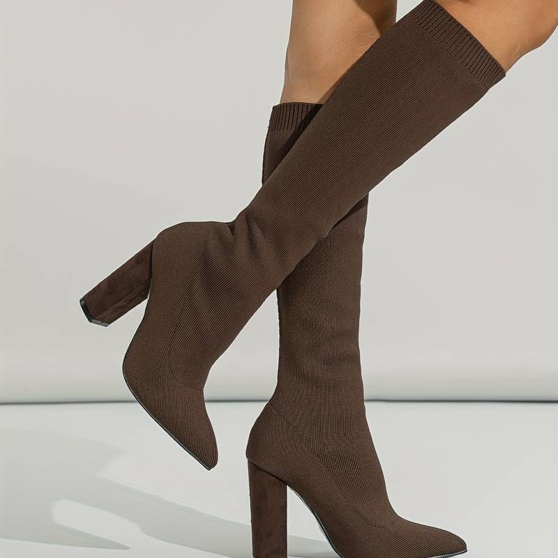 Women's Knee-High Sock Boots - Stylish Pointed Toe & Comfortable Block Heel Footwear
