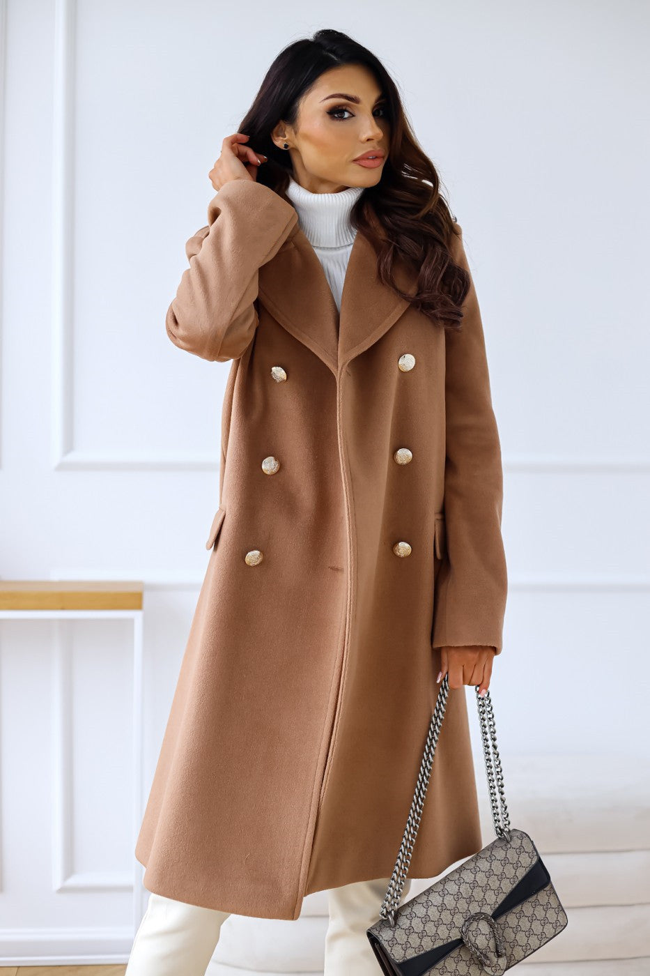 Chic Women's Double-Breasted Long Coat with Elegant Gold Button Accents - Stylish Outerwear for Every Occasion