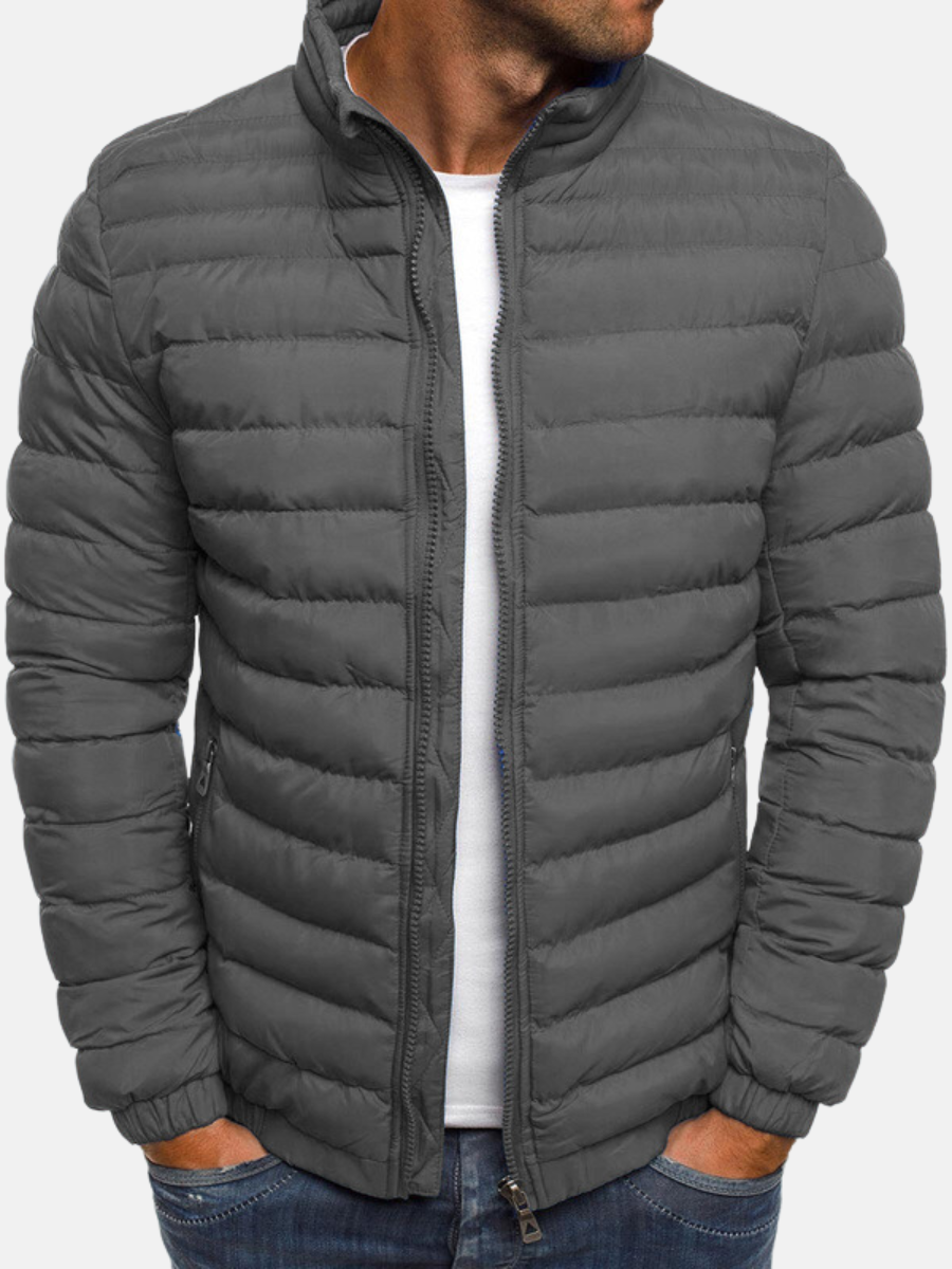 Men's Puffer Bomber Jacket - Zip Closure, Stand Collar & Cuffs - Stylish Winter Outerwear for Men