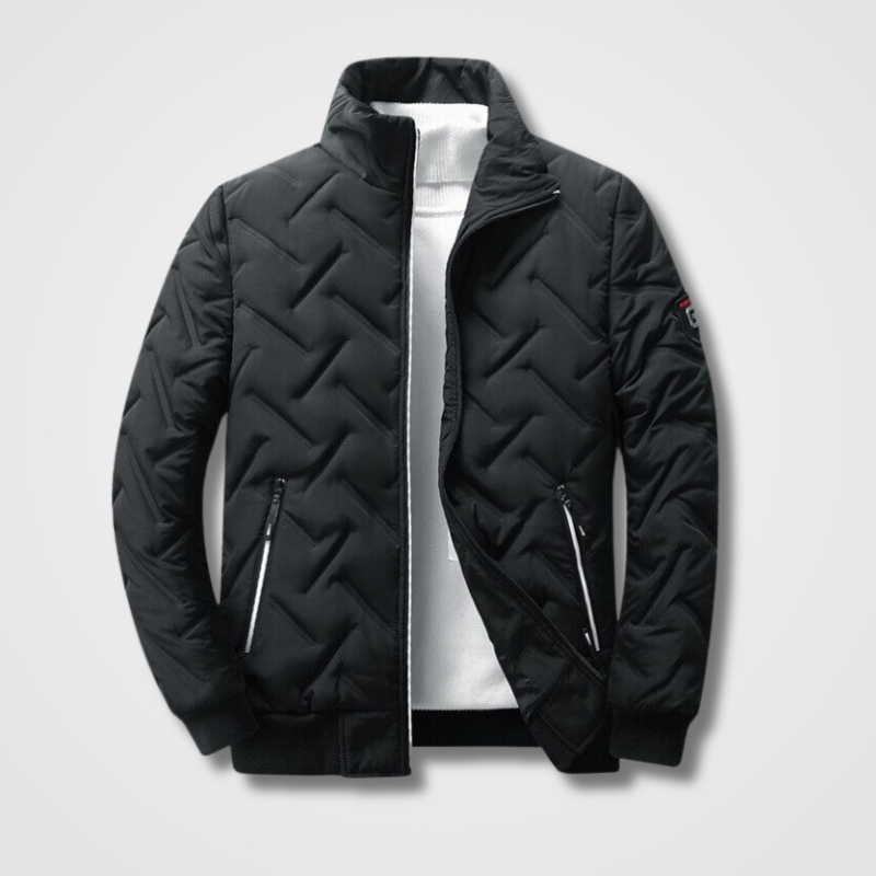 Men's High Collar Quilted Bomber Jacket with Zip Pockets - Stylish & Warm Outerwear for Fall/Winter