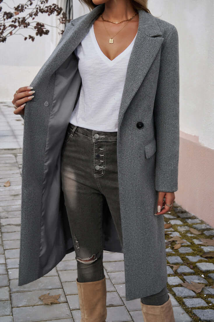 Elegant Women's Double Breasted Long Coat - Stylish & Warm Outerwear for Fall & Winter