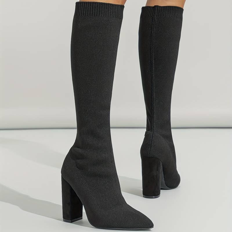 Women's Knee-High Sock Boots - Stylish Pointed Toe & Comfortable Block Heel Footwear