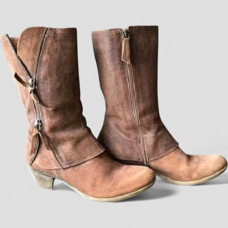 Women's Mid-Calf Winter Cowgirl Boots with Zipper & Stylish Heel - Warm, Durable & Fashionable Footwear