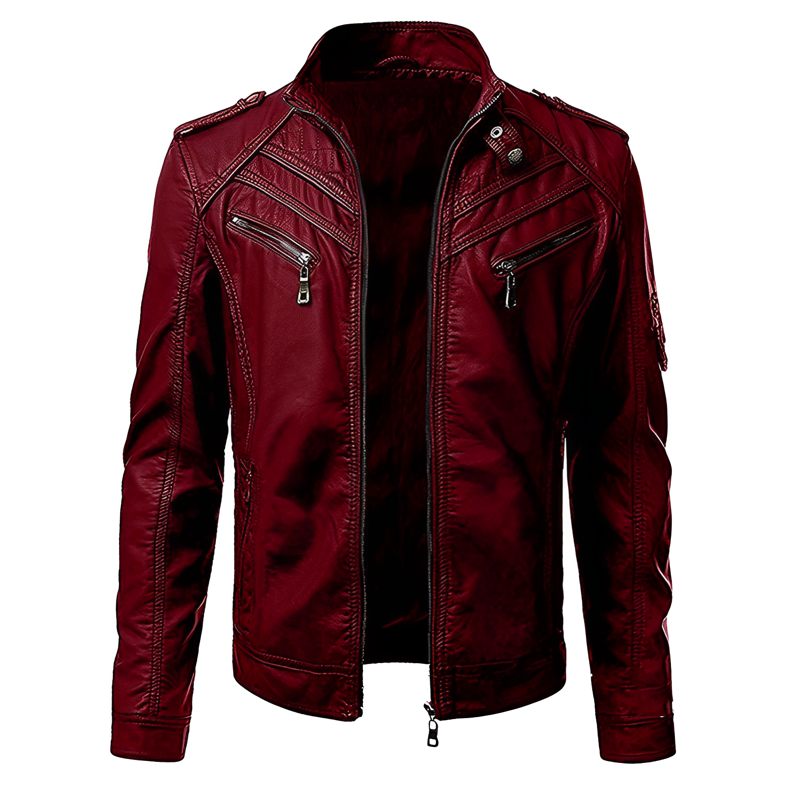Men's Slim Fit Leather Jacket with Zip Pockets & Stand Collar - Stylish & Durable Outerwear