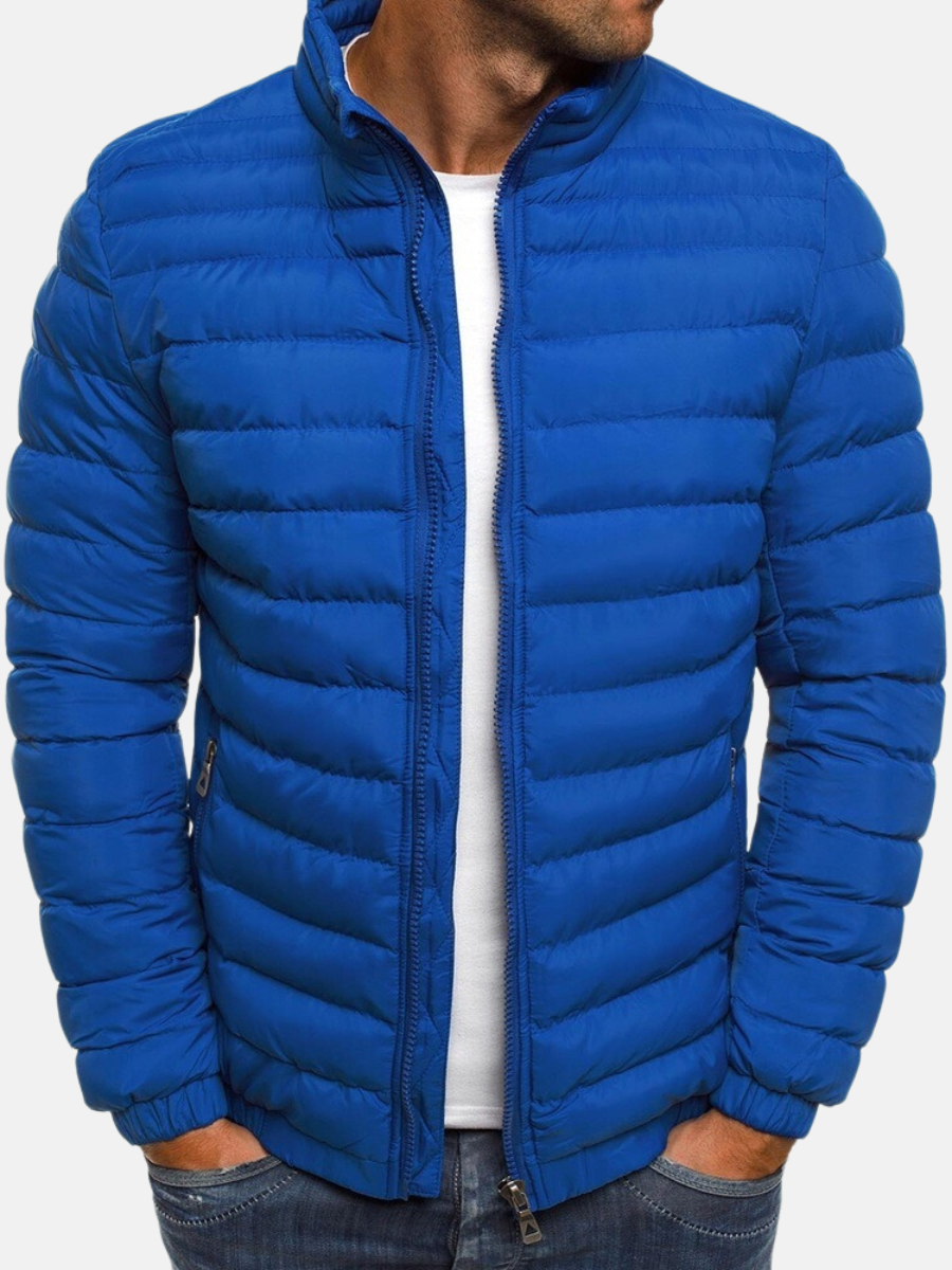 Men's Puffer Bomber Jacket - Zip Closure, Stand Collar & Cuffs - Stylish Winter Outerwear for Men