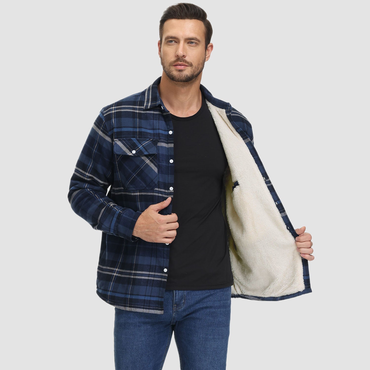 Men's Fleece-Lined Flannel Shirt Jacket - Warm Cotton Winter Coat for Ultimate Comfort