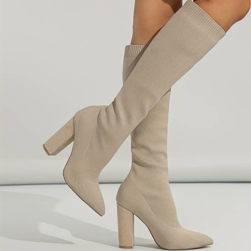 Women's Knee-High Sock Boots - Stylish Pointed Toe & Comfortable Block Heel Footwear