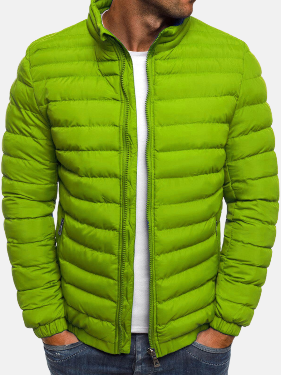 Men's Puffer Bomber Jacket - Zip Closure, Stand Collar & Cuffs - Stylish Winter Outerwear for Men