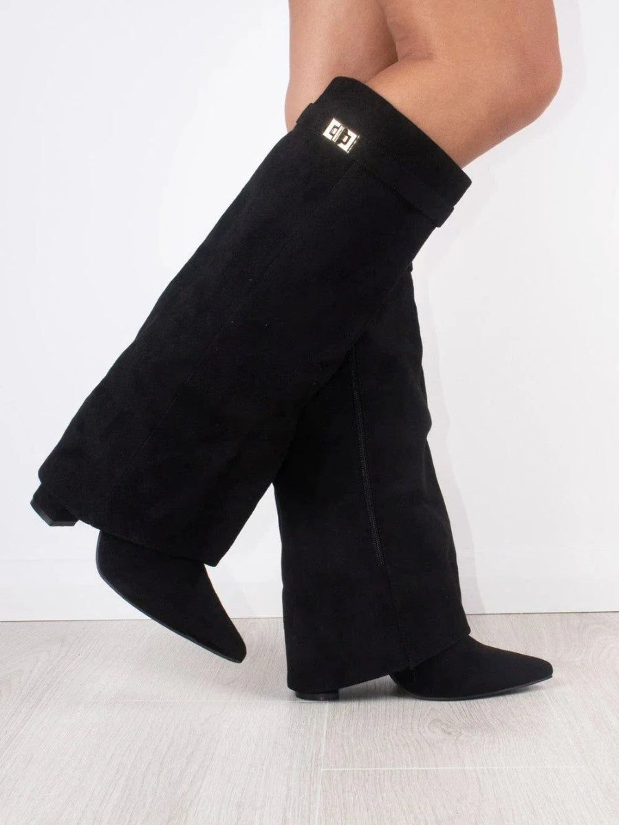 Stylish Women's Knee High Boots - Wide Flare Top & Comfortable Block Heel