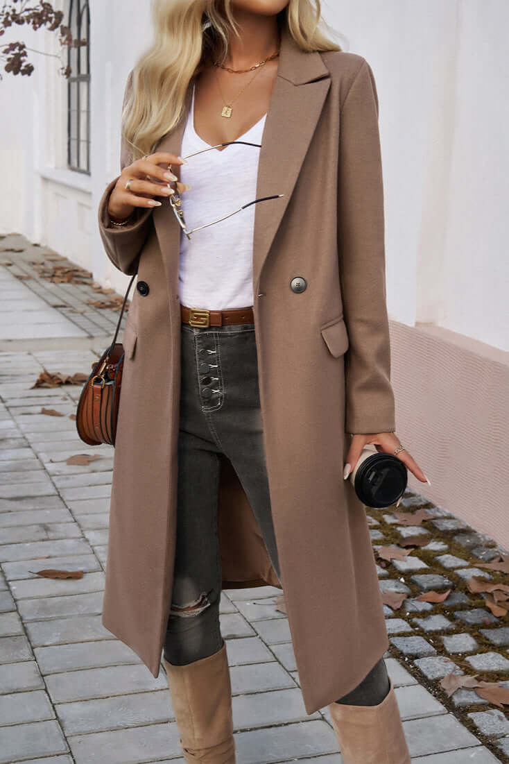 Elegant Women's Double Breasted Long Coat - Stylish & Warm Outerwear for Fall & Winter