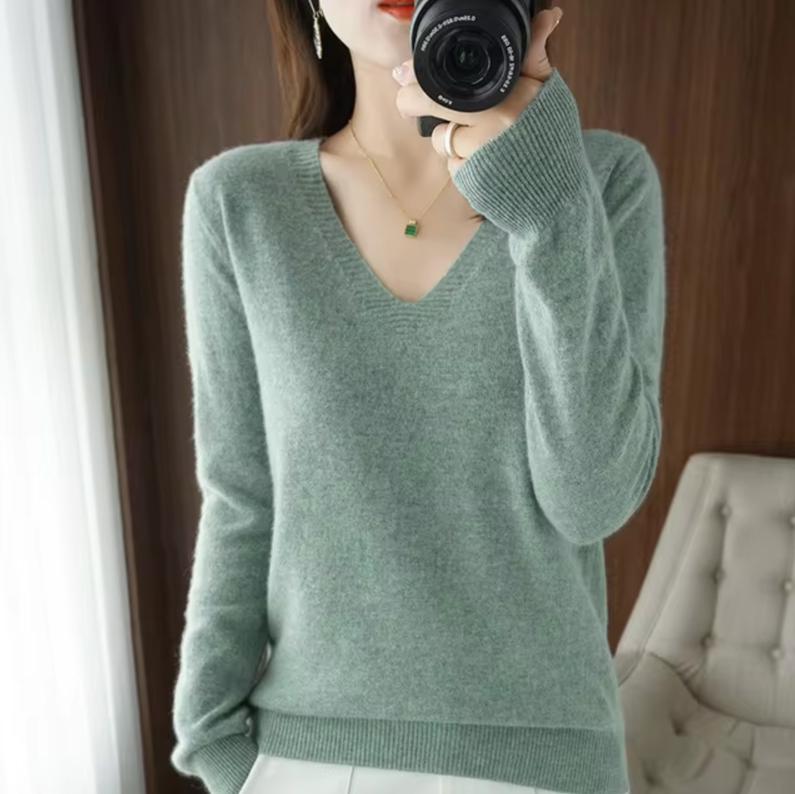 Cashmere V Neck Knit Sweater