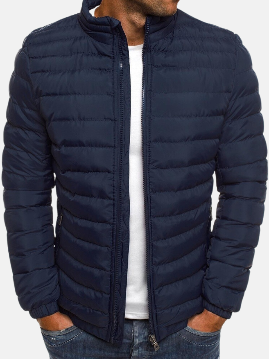 Men's Puffer Bomber Jacket - Zip Closure, Stand Collar & Cuffs - Stylish Winter Outerwear for Men