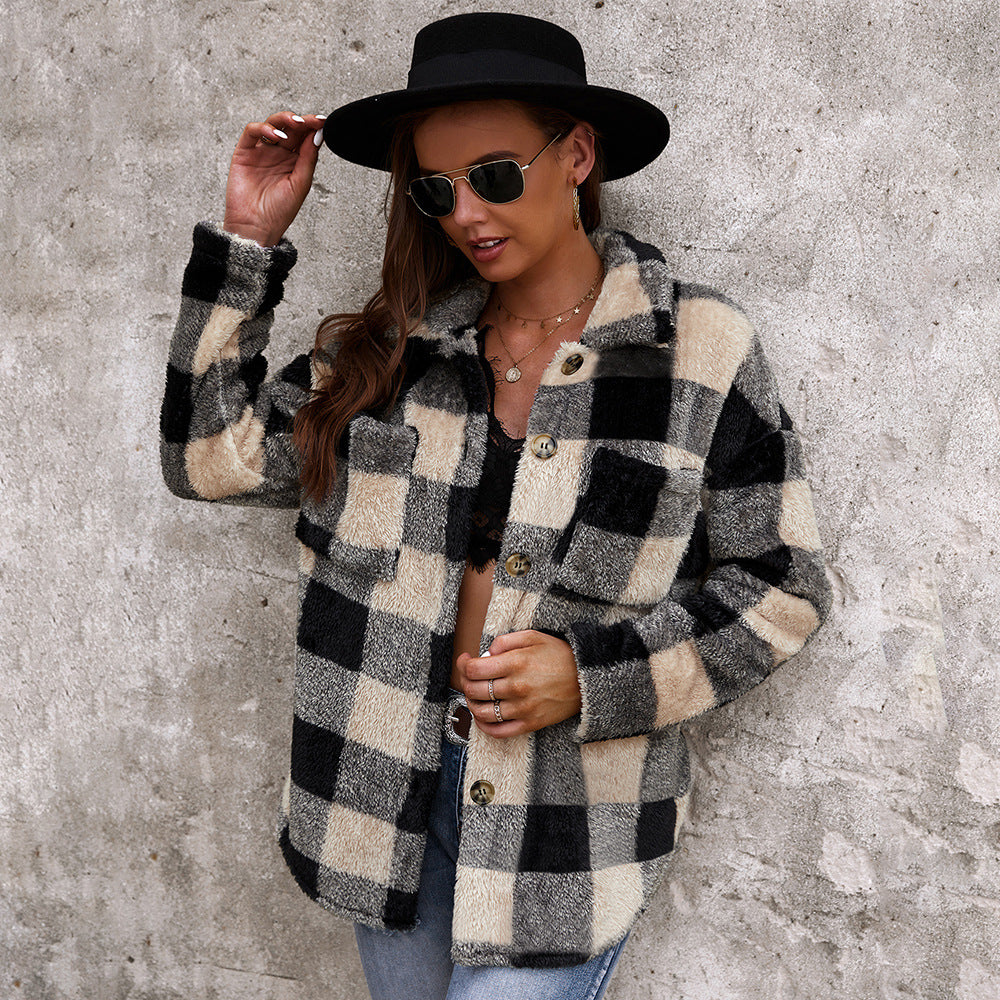Furly Checkered Plush Fur Coat - Cozy & Stylish Winter Outerwear