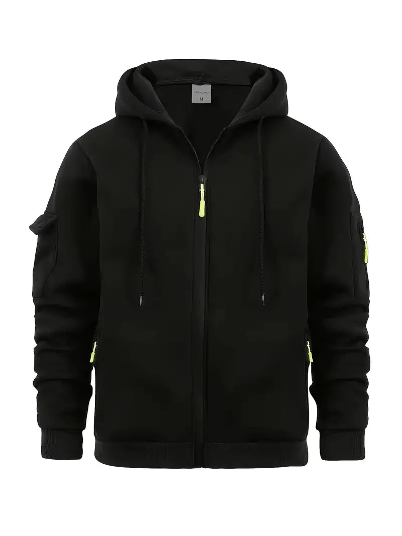 Men's Utility Zip-Up Hoodie with Drawstring Hood & Functional Pockets - Stylish & Versatile Outerwear