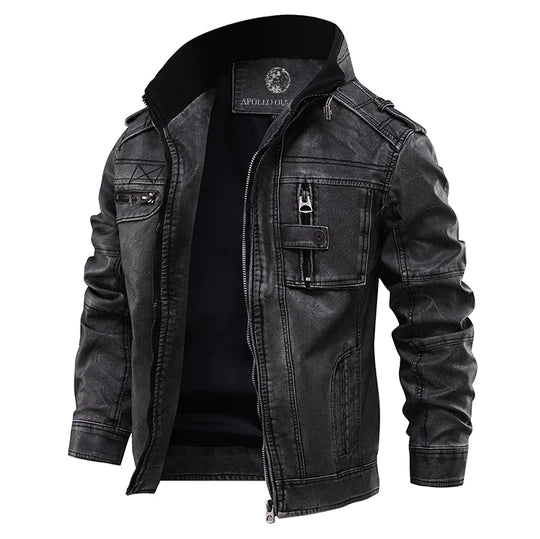 Men's Premium Leather Jacket with Stand Collar & Zippered Chest Pocket - Stylish & Durable Outerwear