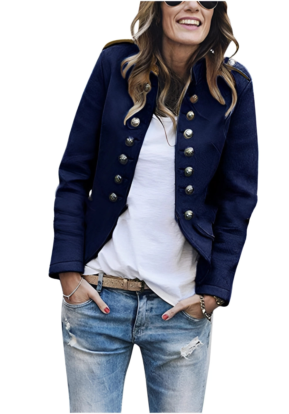 Chic Black Women's Double-Breasted Military Jacket with Silver Buttons - Trendy Autumn Outerwear